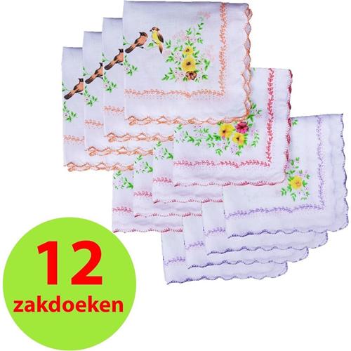 12 Dames Zakdoeken – 100% katoen – 30x30cm – Vogeltjes Met Gekleurde Randjes