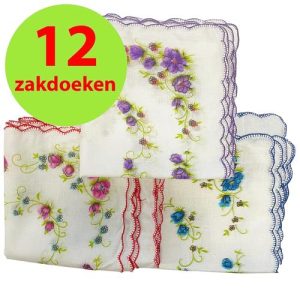 12 Stuks Dameszakdoeken Bloemetjes Gekleurde Randjes 30x30cm
