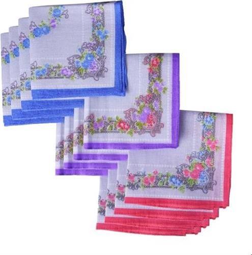 12 Dames Zakdoeken Bloemetjes & Gekleurde Rand – 100% Katoen – 30x30cm.