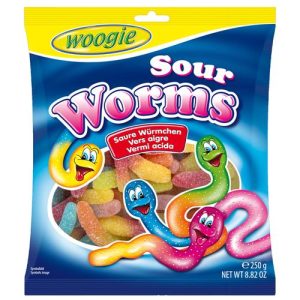 Woogie Sour Worms Snoepjes 250g -Zure Wormen Met Fruitsmaak