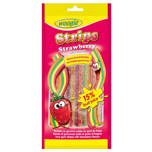 Woogie Zure Aardbei Strips 80g – Zuren Matten Met Aardbeismaak – 15% Vruchtensap